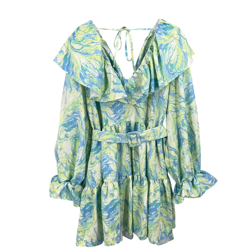 ASOS LUXE Dress Women 18 Blue Yellow Marble Ruffle Belted Mini‎ Festival